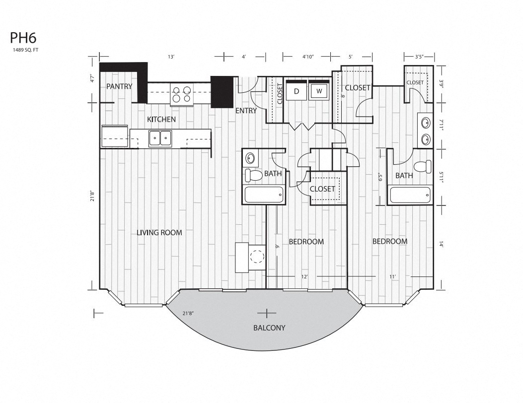 Floor plan for 2 beds, 2 baths, 1489 sqft
